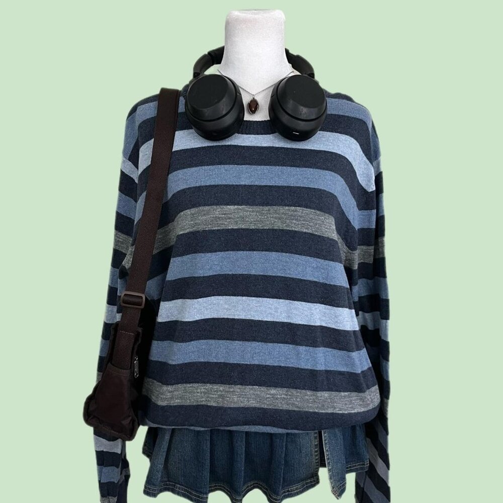 blue striped indie skater grunge thin light weight knit sweater